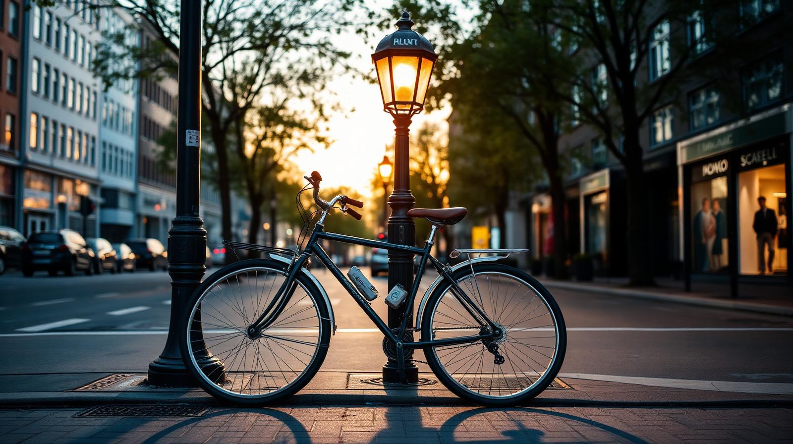 Aflåst cykel ved en lygtepæl på en dansk gade i sommeraften