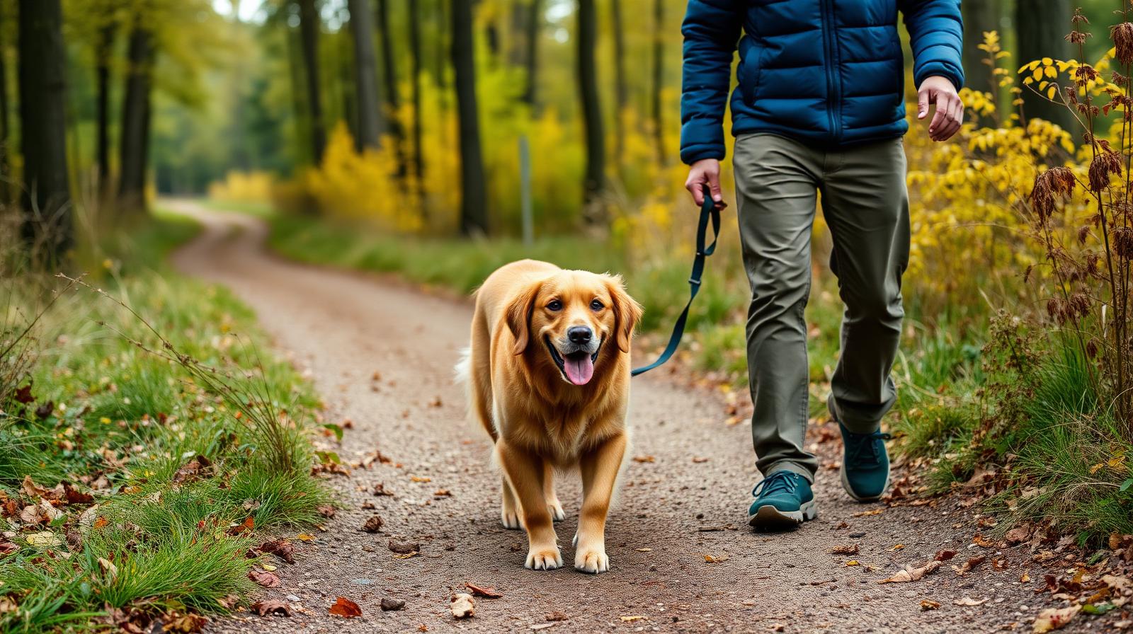 Golden retriever-hund på skovsti med ejer i tidligt efterår