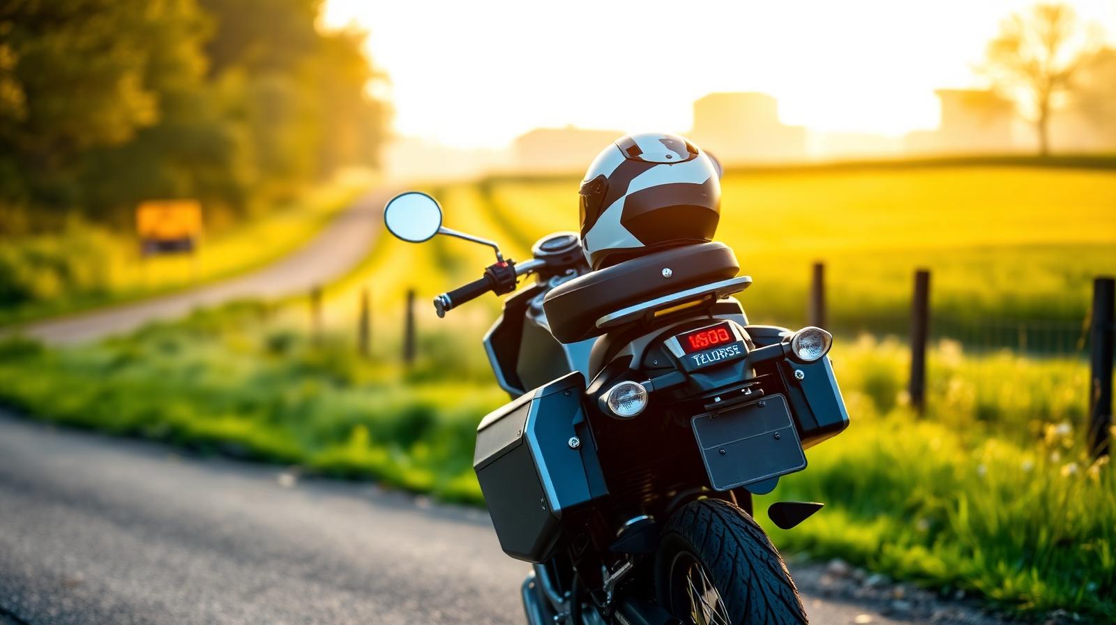 Touring-motorcykel parkeret på en dansk landevej med hjelm på sædet