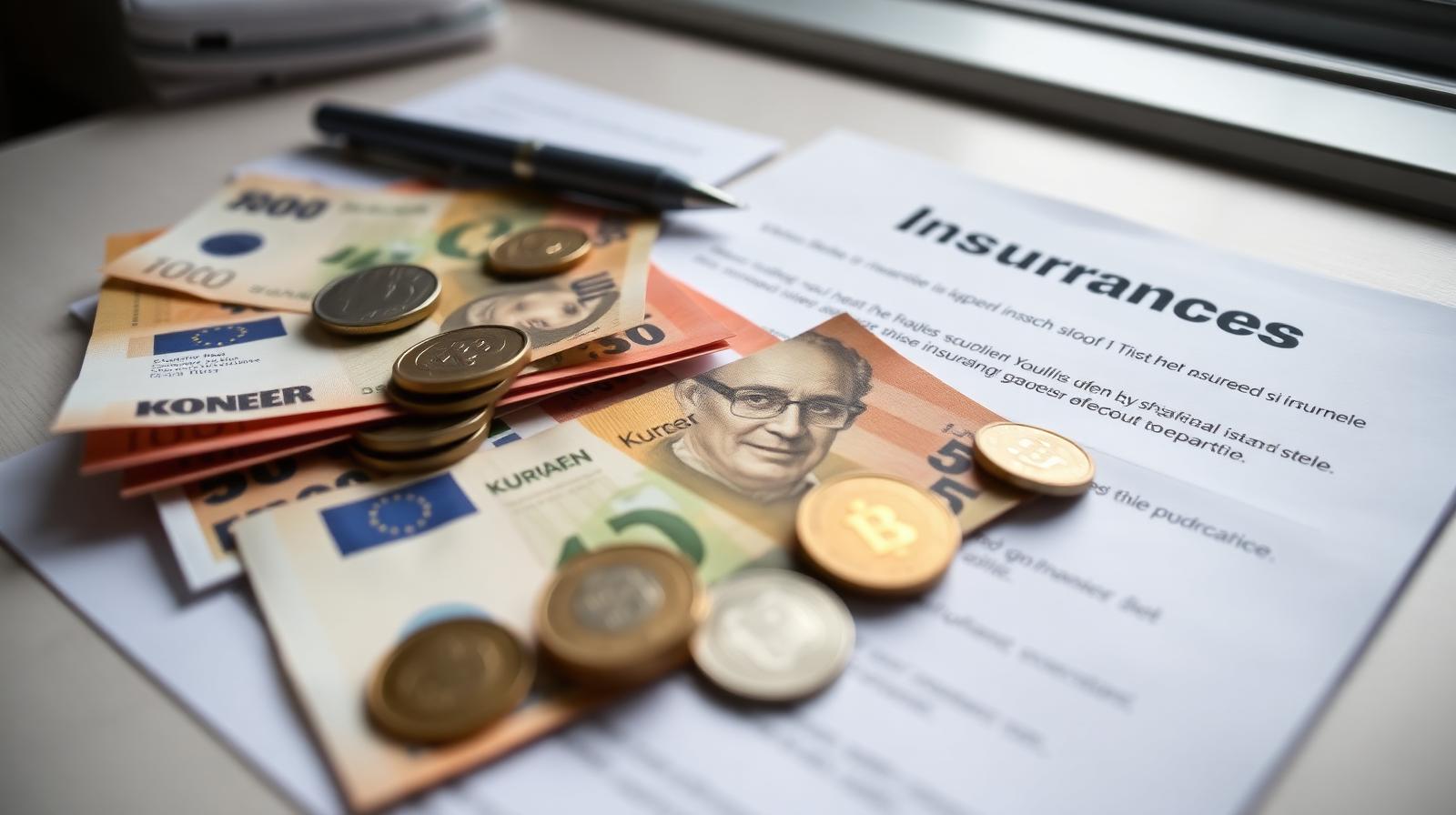Danske kroner og forsikringsdokument på et skrivebord