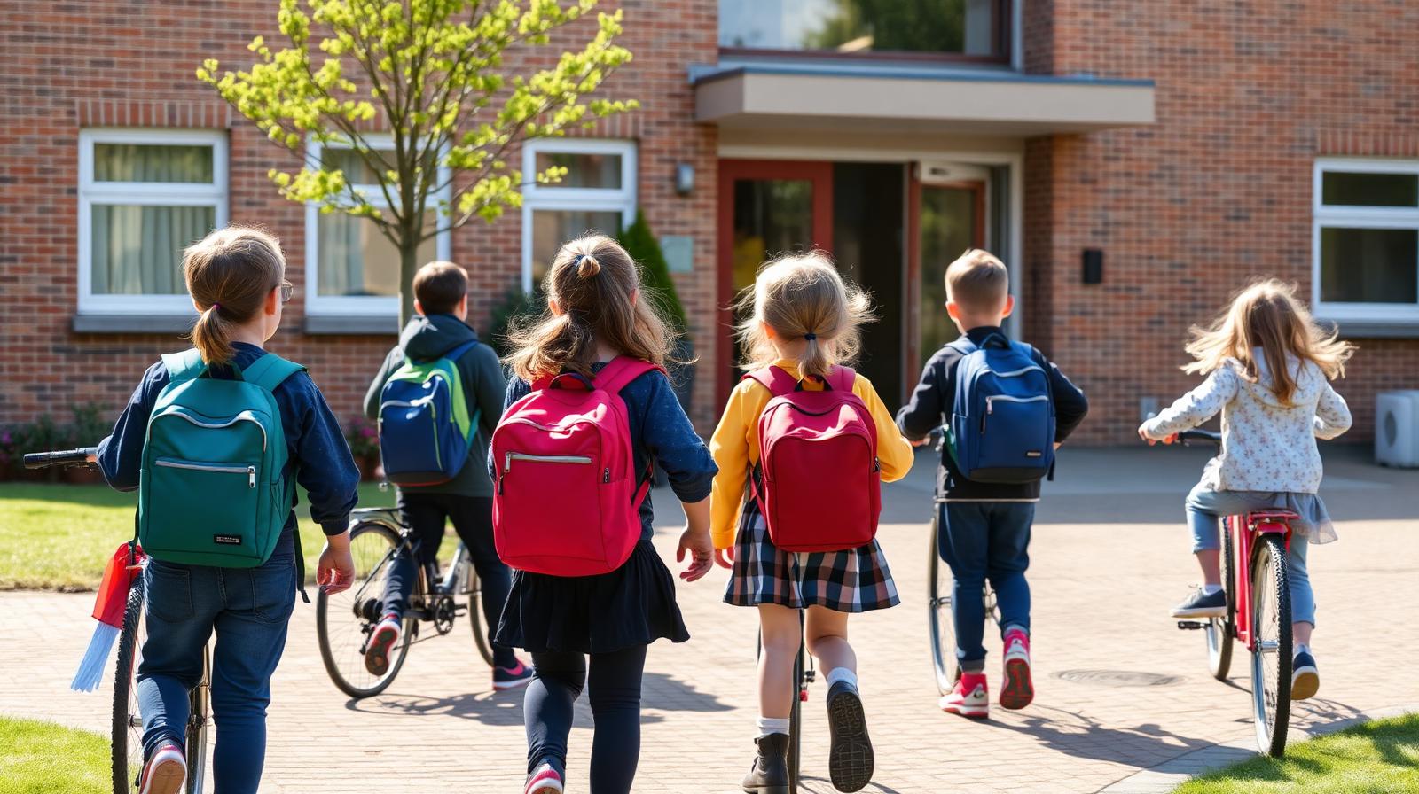 Danske skolebørn med skoletasker på vej i skole